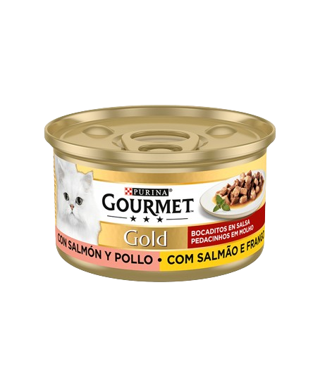 Purina Gourmet Gold Petite em molho, comida húmida para gato, com salmão e frango, 24 latas de 85 g